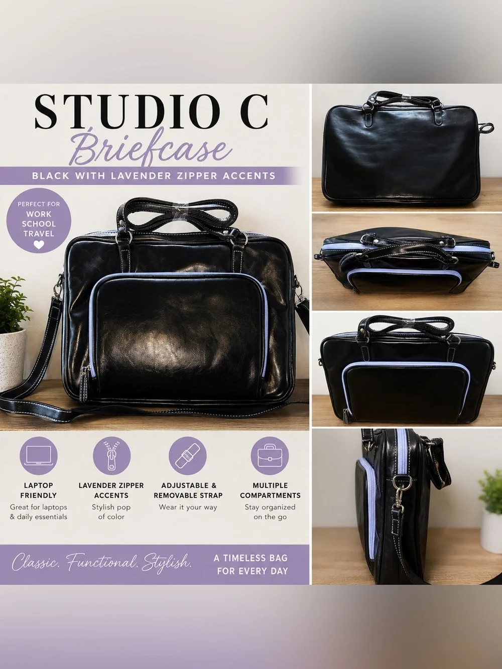 Studio C Black Briefcase Laptop Bag Lavender Zipper Shoulder Strap